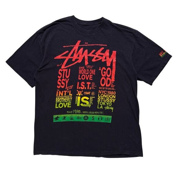 VTG Y2K 00s Stussy Reggae Graphic T-Shirt Black XL - Picture 1 of 3